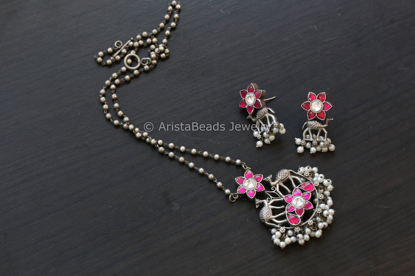 Jadau & Pearls Silver Look Alike Necklace Set - Ruby Clear