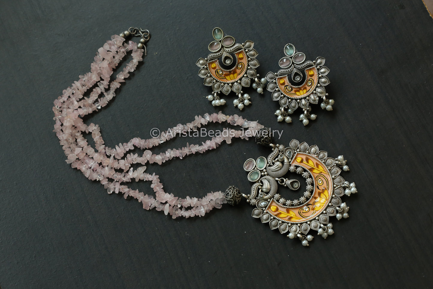 Enamel Oxidized Necklace Set - Rose Quartz Beads
