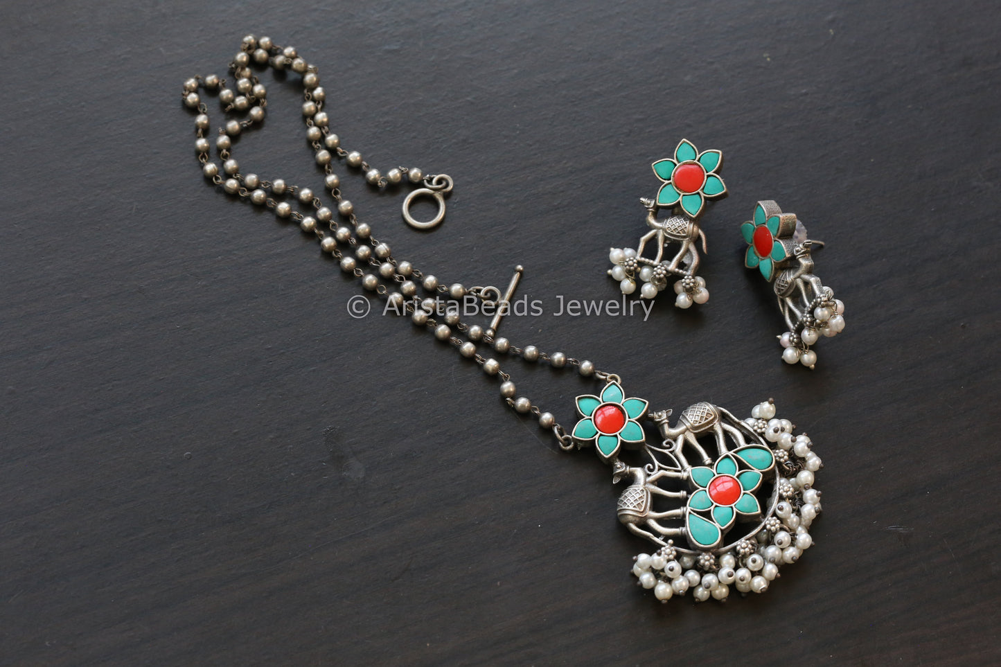 Jadau & Pearls Silver Look Alike Necklace Set - Turquoise Ruby