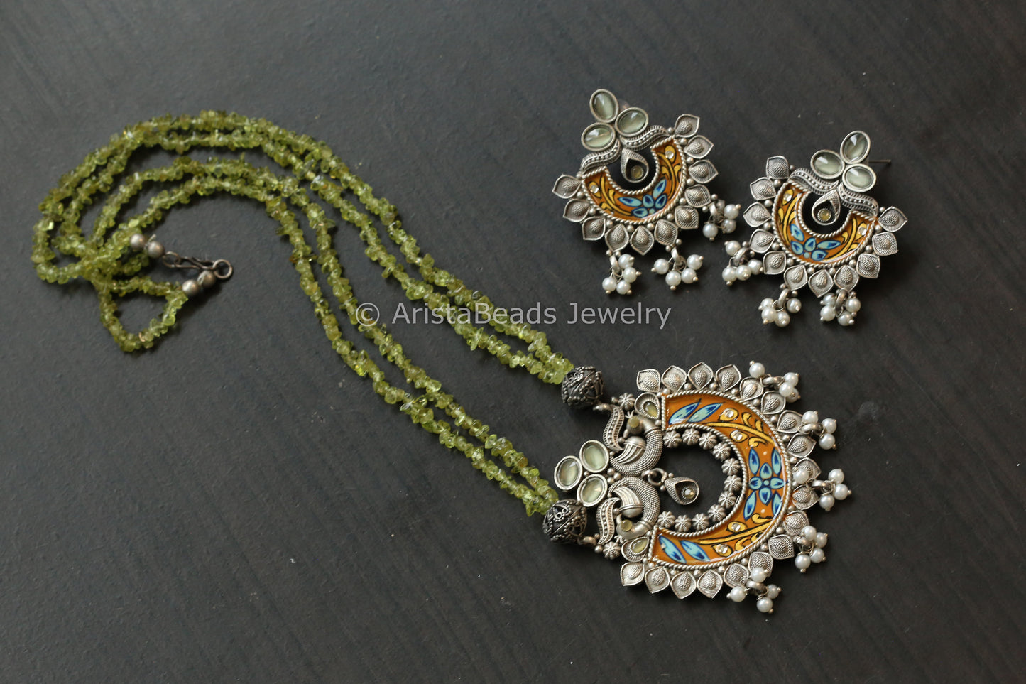 Enamel Oxidized Necklace Set - Peridot Beads