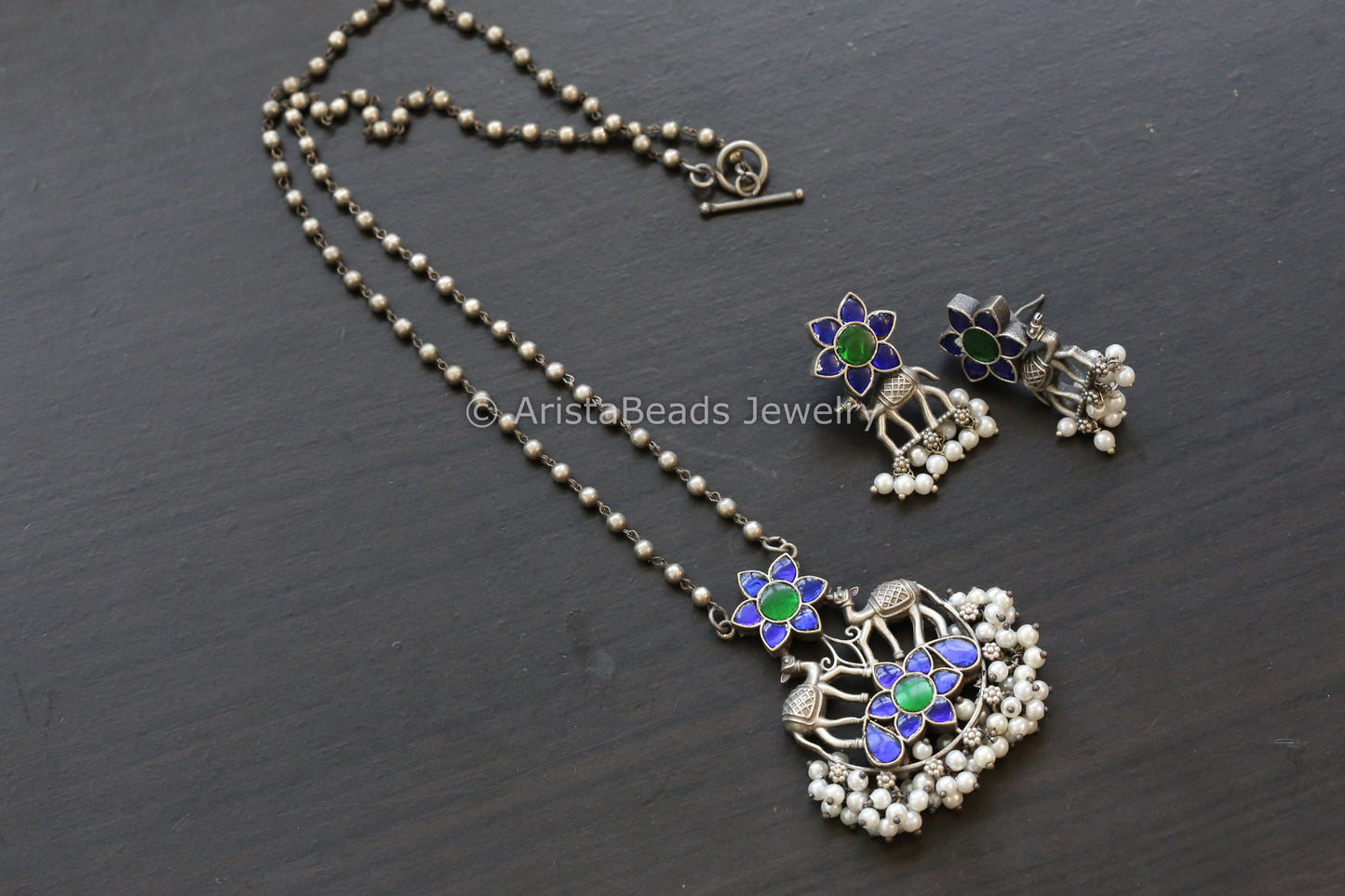 Jadau & Pearls Silver Look Alike Necklace Set - Blue Green