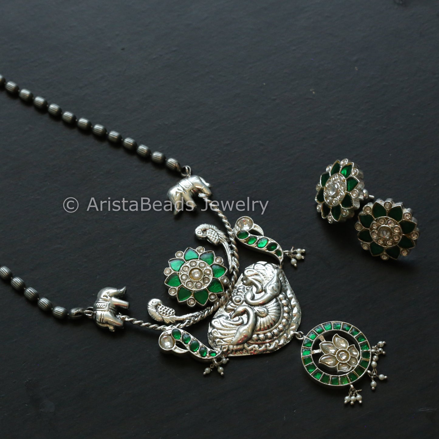 Next To Real Silver Jadau Necklace Set - Green