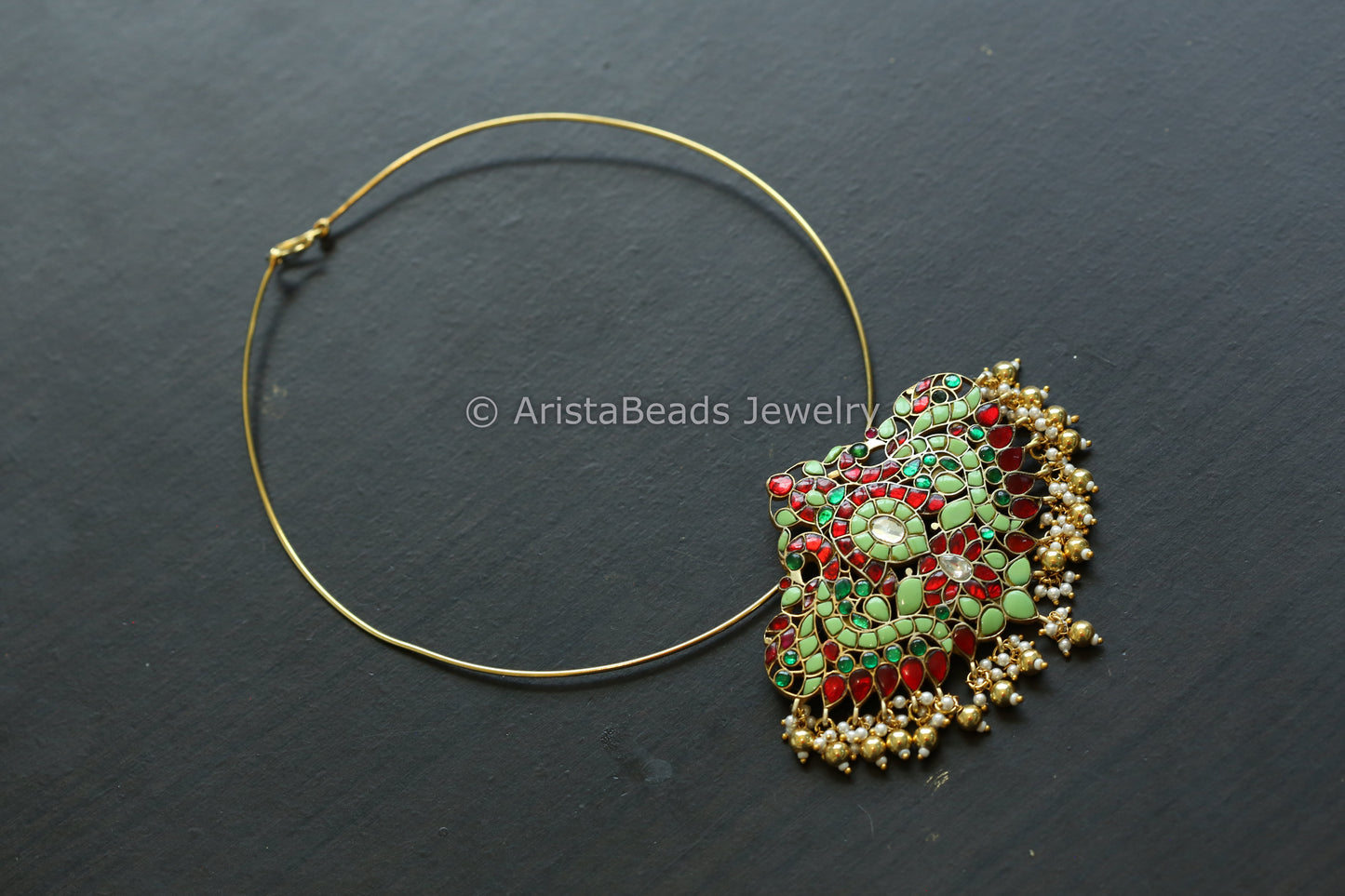 Real Jadau Hasli Necklace (Removable) - Pista Green