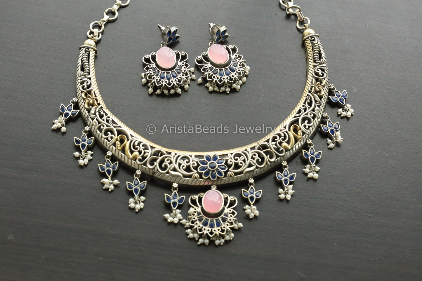 Dual Tone Hasli Necklace Set - Blue Pink