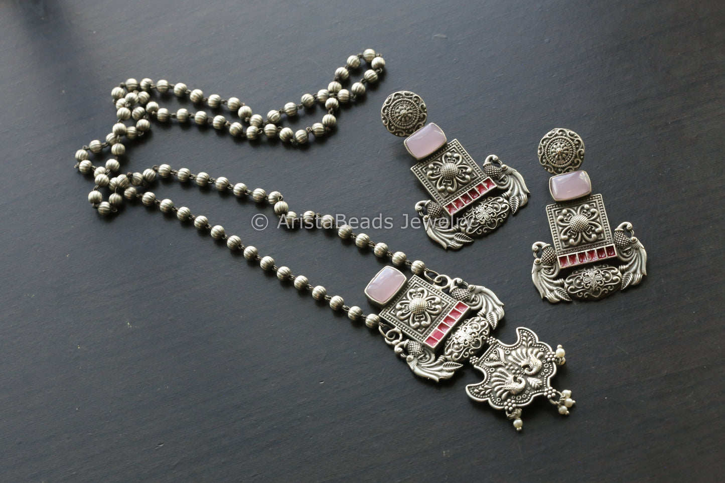 Oxidized Enamel Necklace Set - Pink Stone