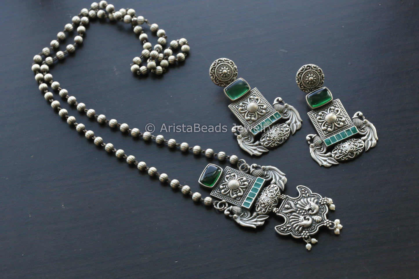 Oxidized Green Enamel Necklace Set - Green Stone