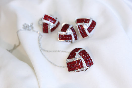 Invisible Stone Setting Necklace Set - Red