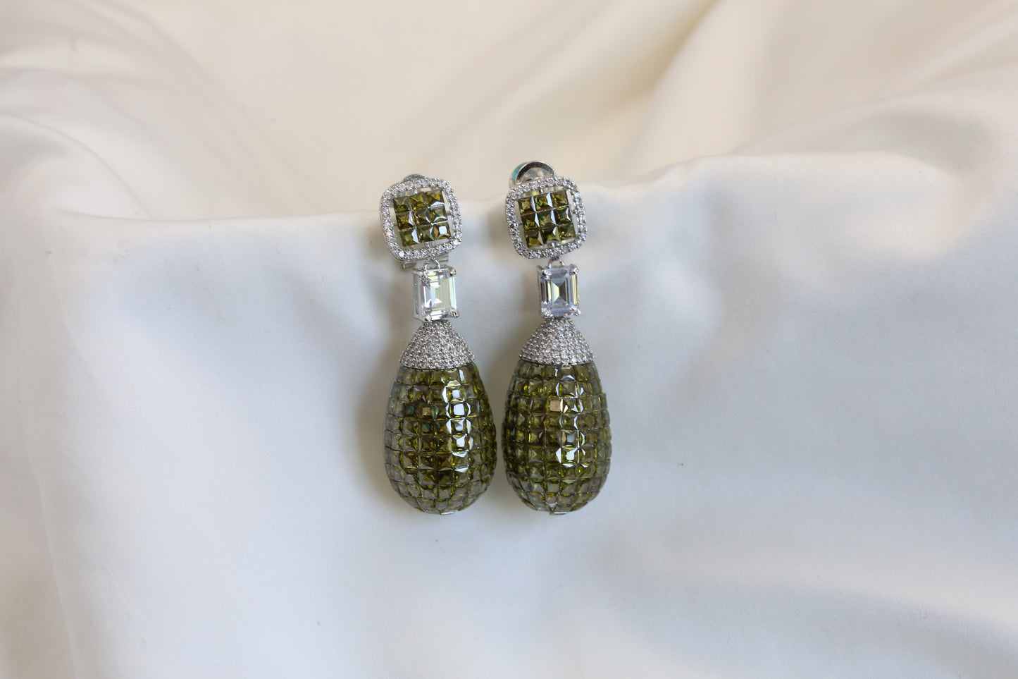 Long Invisible Settings Earrings - Olive Green