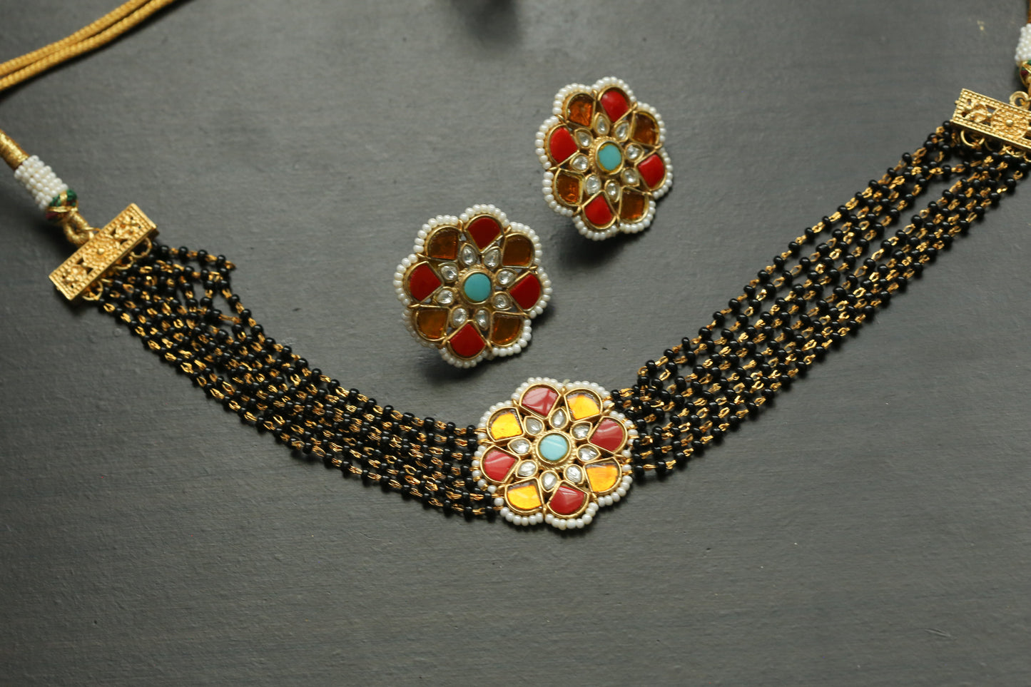 Black Bead Jadau Necklace Set -  Coral Yellow  Turquoise