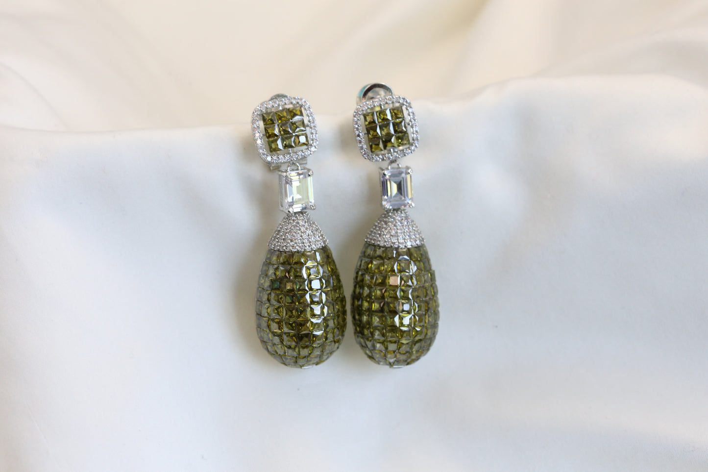 Long Invisible Settings Earrings - Olive Green