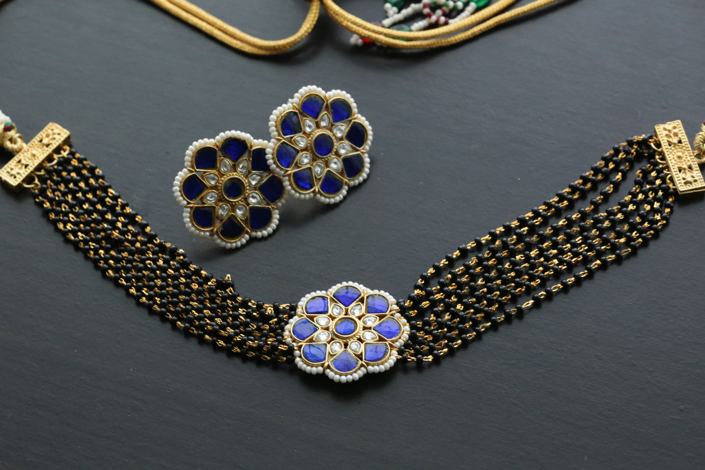 Black Bead Jadau Necklace Set -  Blue