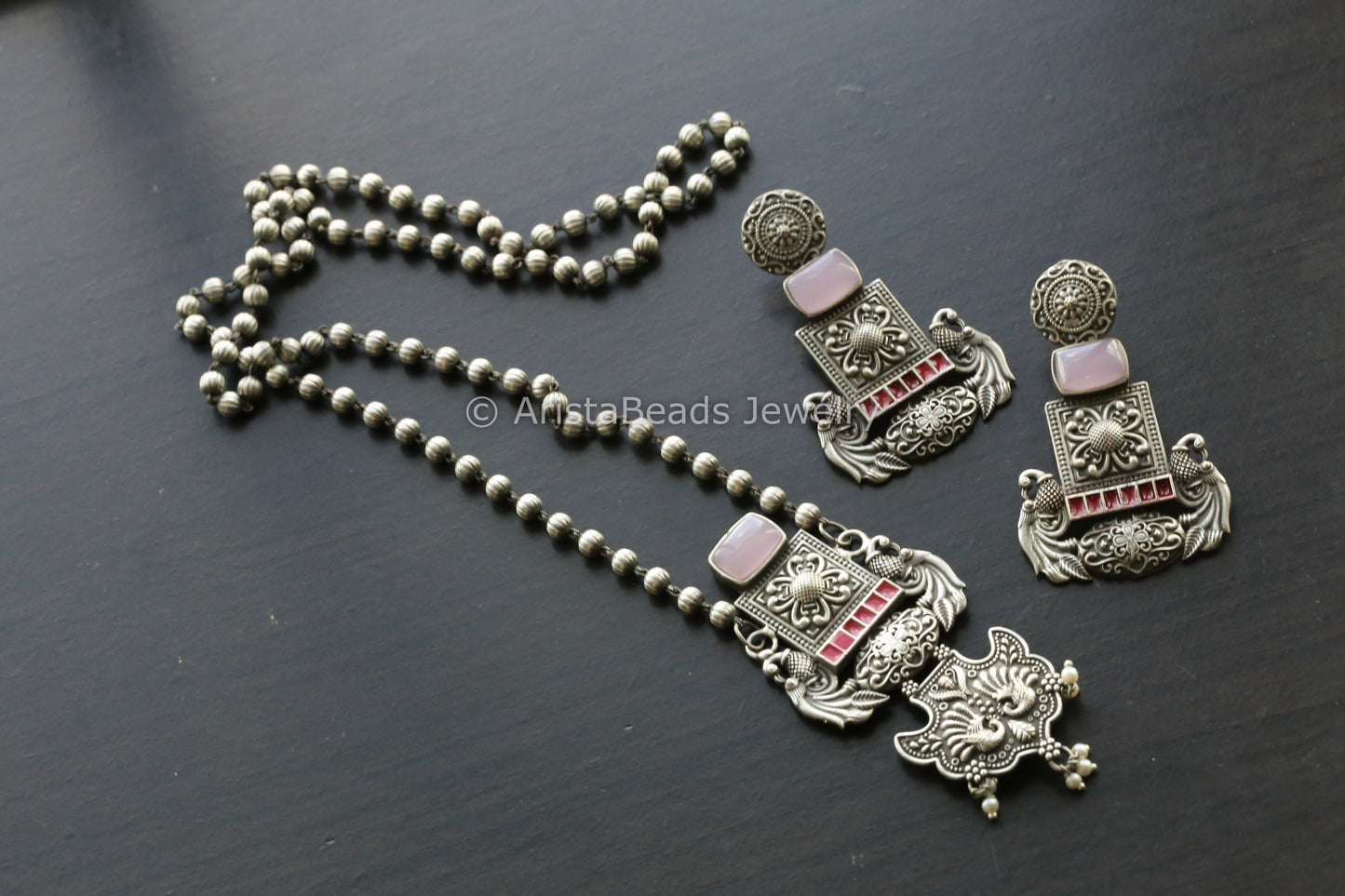 Oxidized Enamel Necklace Set - Pink Stone