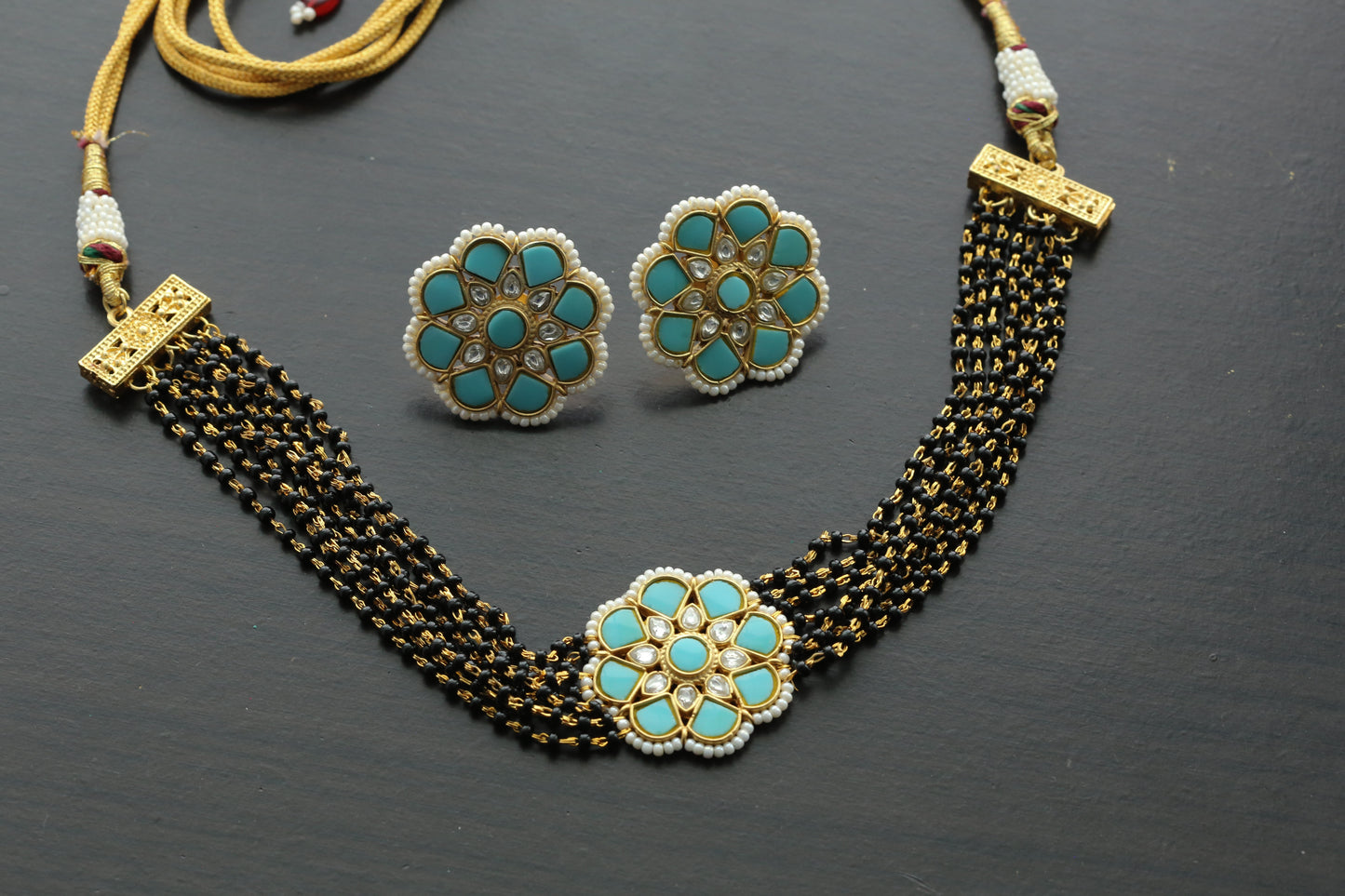 Black Bead Jadau Necklace Set -  Turquoise