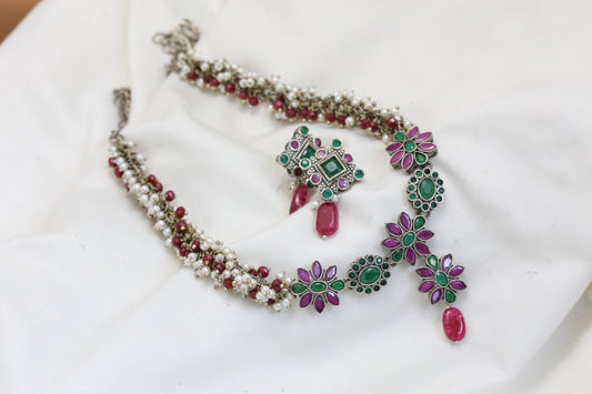 Oxidized CZ & Pearls Necklace Set - Green Ruby