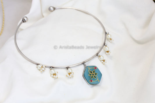 Alia Inlay Kundan Hasli Necklace - Light Blue