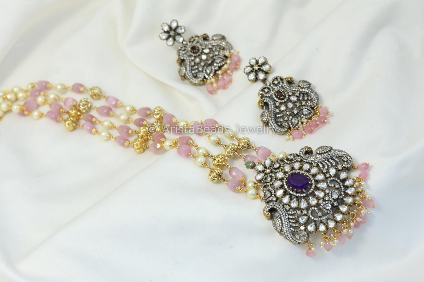 Victorian Finish Kundan & CZ Necklace - Pink