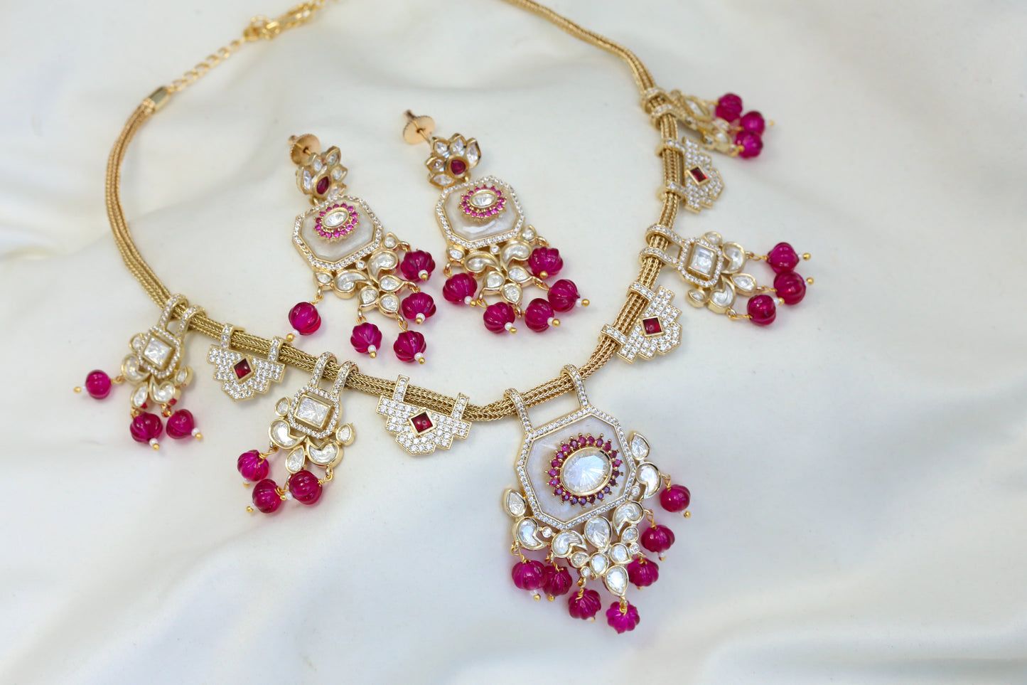 Mop Kundan Polki Necklace Set - Ruby Pink