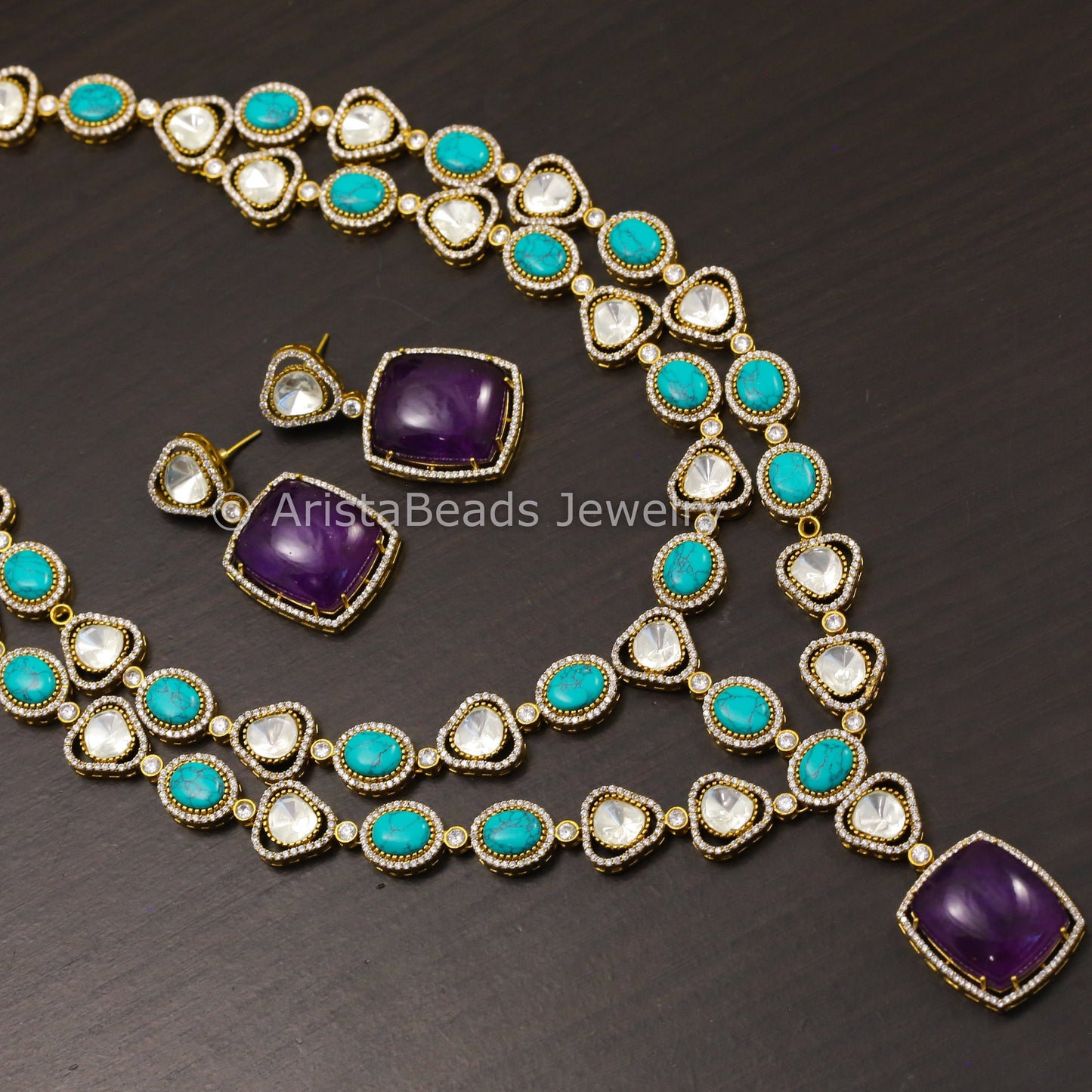 Purple Doublet, Moissanite Polki & Turquoise Stones