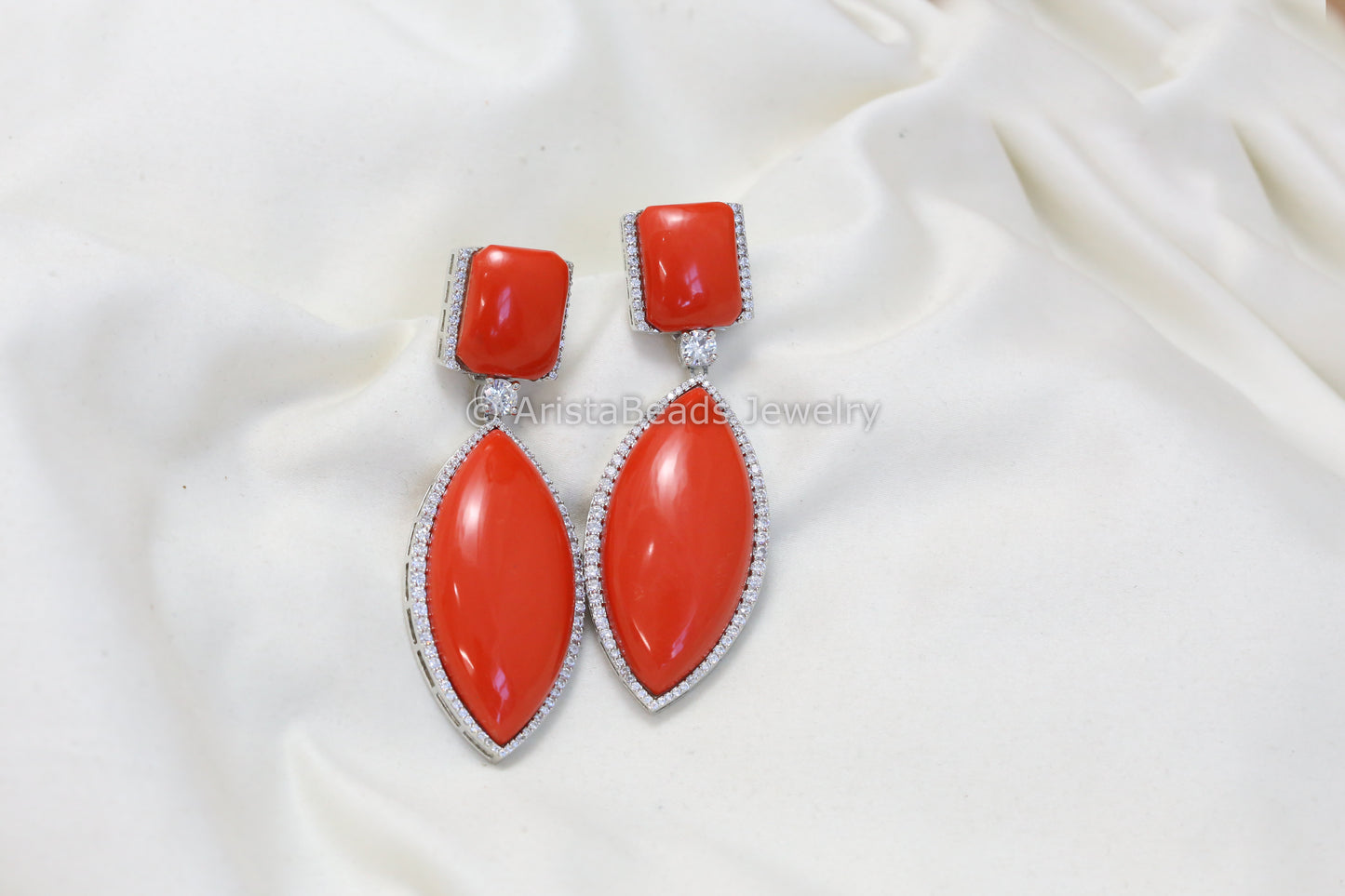Contemporary Coral & Cz Earrings