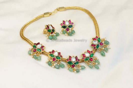 Jadau Kundan Lotus Choker Necklace Set