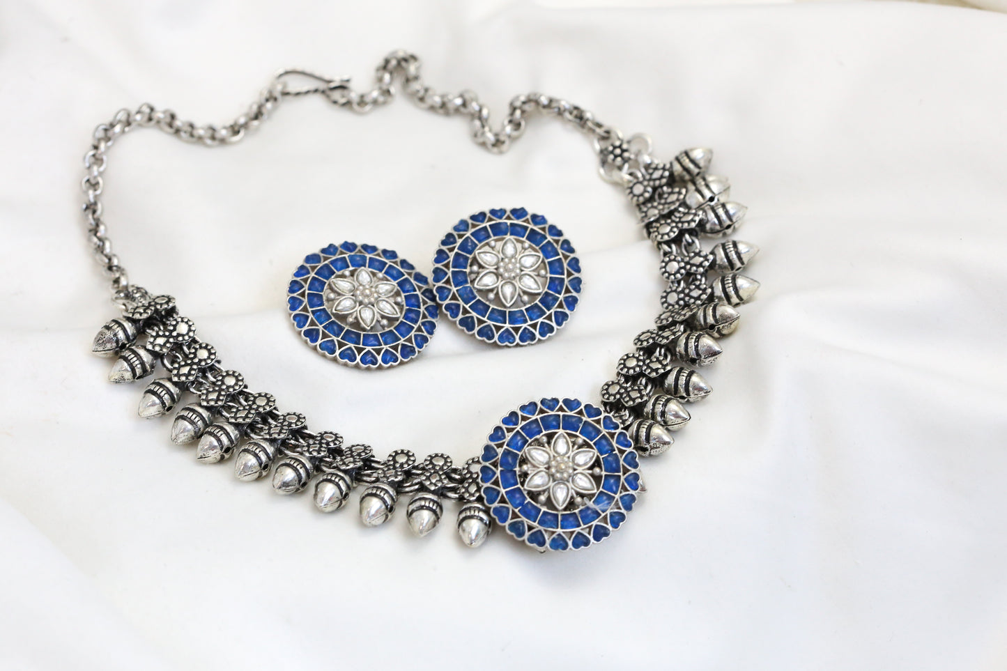 Kemp Kundan Oxidized Necklace Set - Blue