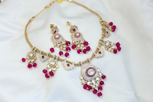 Mop Kundan Polki Necklace Set - Ruby Pink