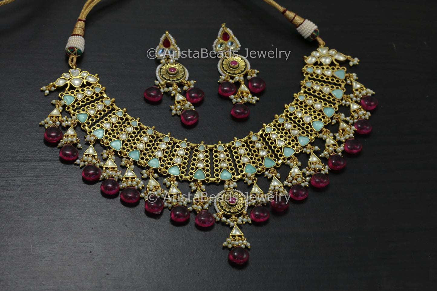 One Of A Kind Mint Pachi Kundan Necklace Set