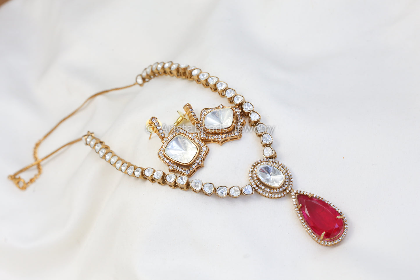 Uncut Kundan Polki Doublet Necklace Set - Red