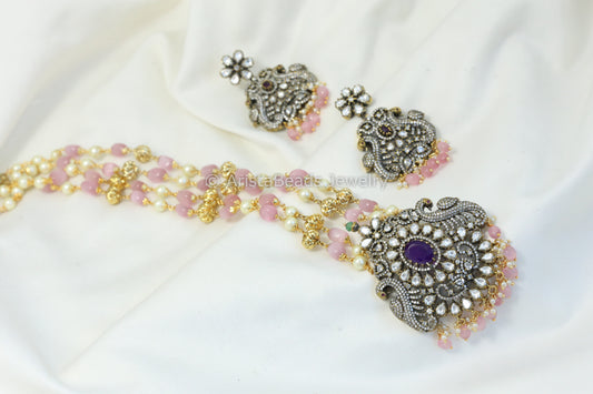 Victorian Finish Kundan & CZ Necklace - Pink