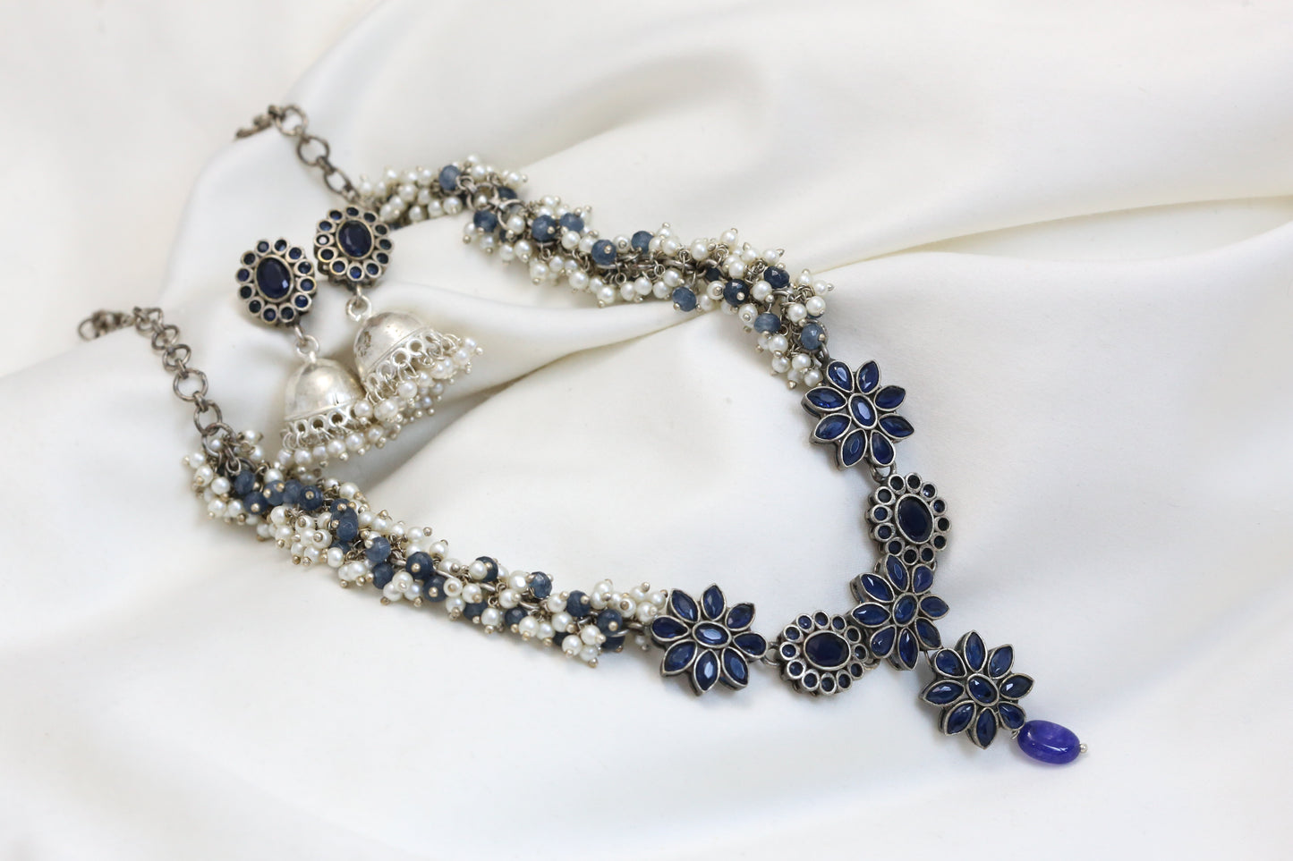 Oxidized CZ & Pearls Necklace Set - Blue Jhumka