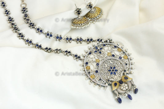 Swati Dual Tone Long Necklace Set - Blue