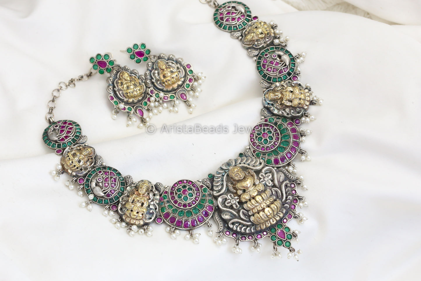 Temple Nakshi Necklace Set - Ruby Green
