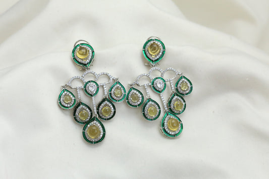 Premium Enamel, CZ & Green Pota Earrings - Yellow