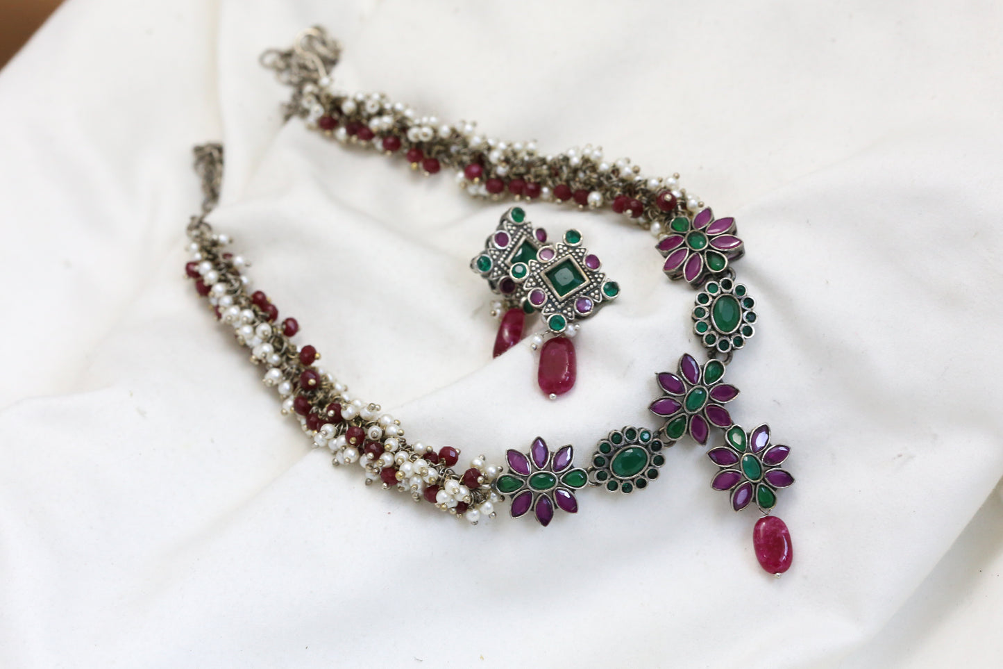 Oxidized CZ & Pearls Necklace Set - Green Ruby