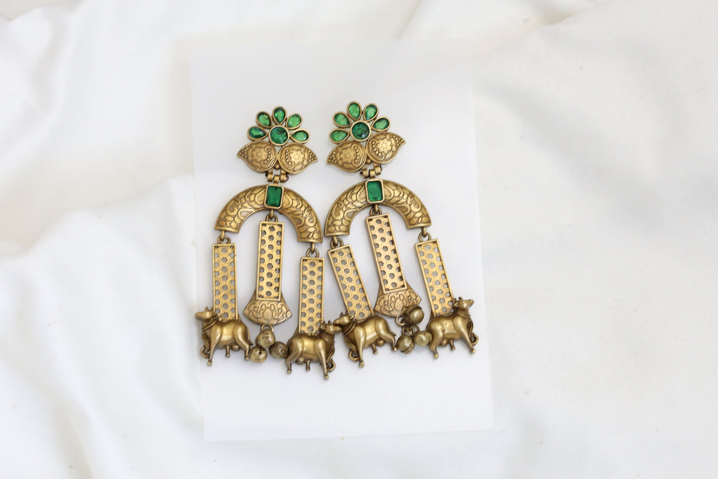 Nandi Antique Gold Earrings - Green