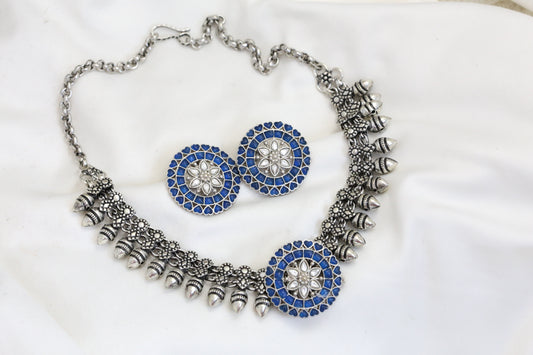 Kemp Kundan Oxidized Necklace Set - Blue