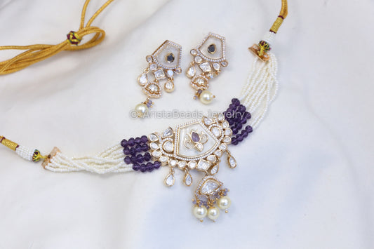 MOP Beaded Necklace Set - Purple