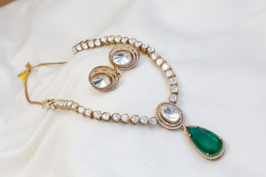 Uncut Kundan Polki Doublet Necklace Set - Green