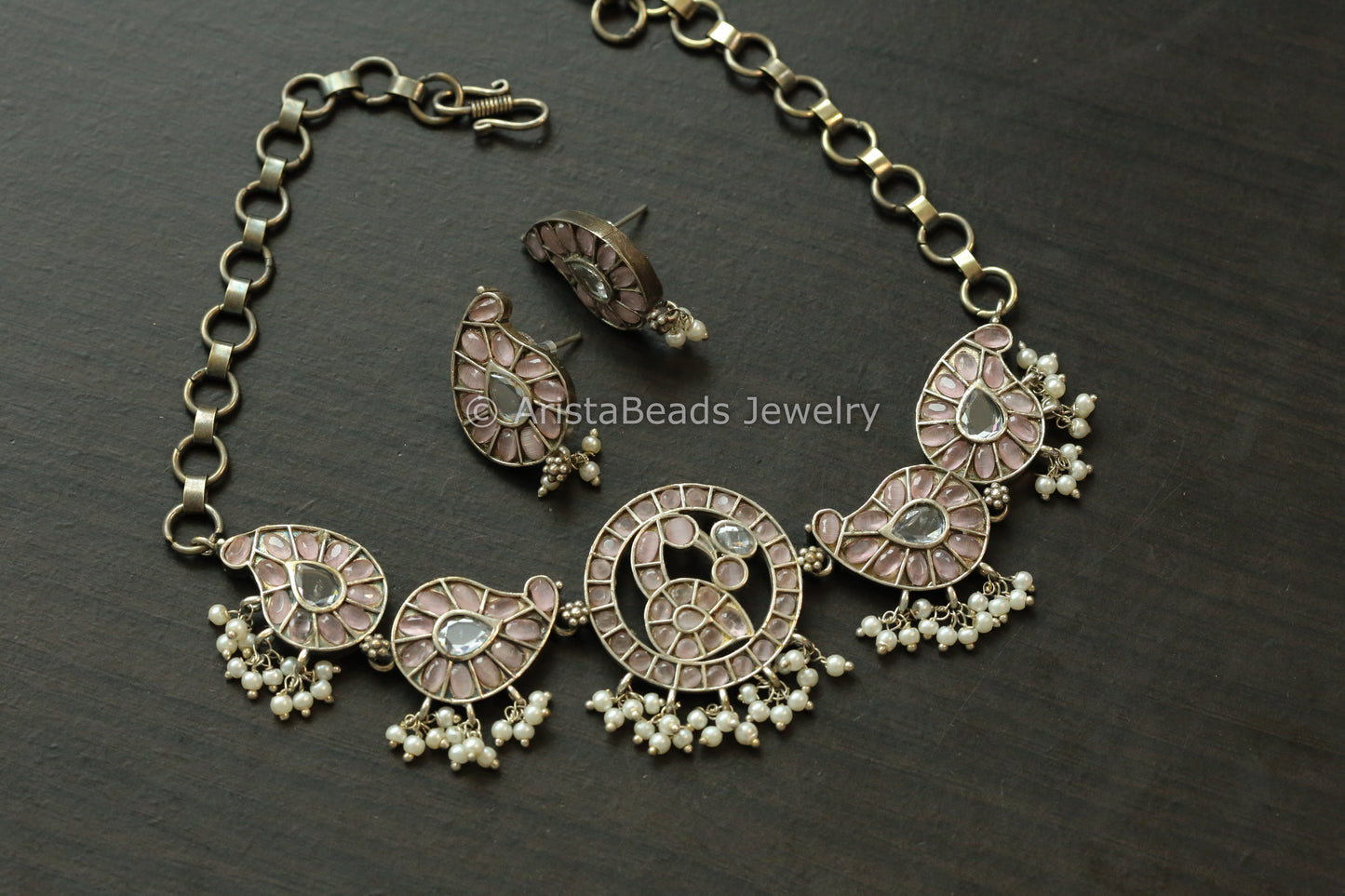 Blush Pink Oxidized Paisley Necklace Set