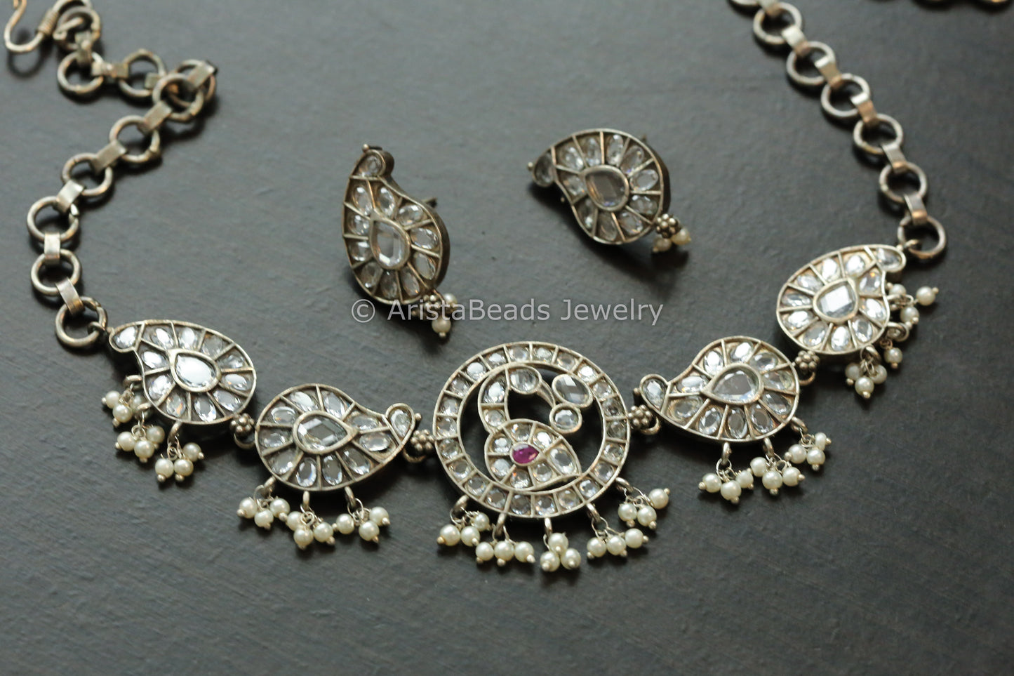 Clear Oxidized Paisley Necklace Set