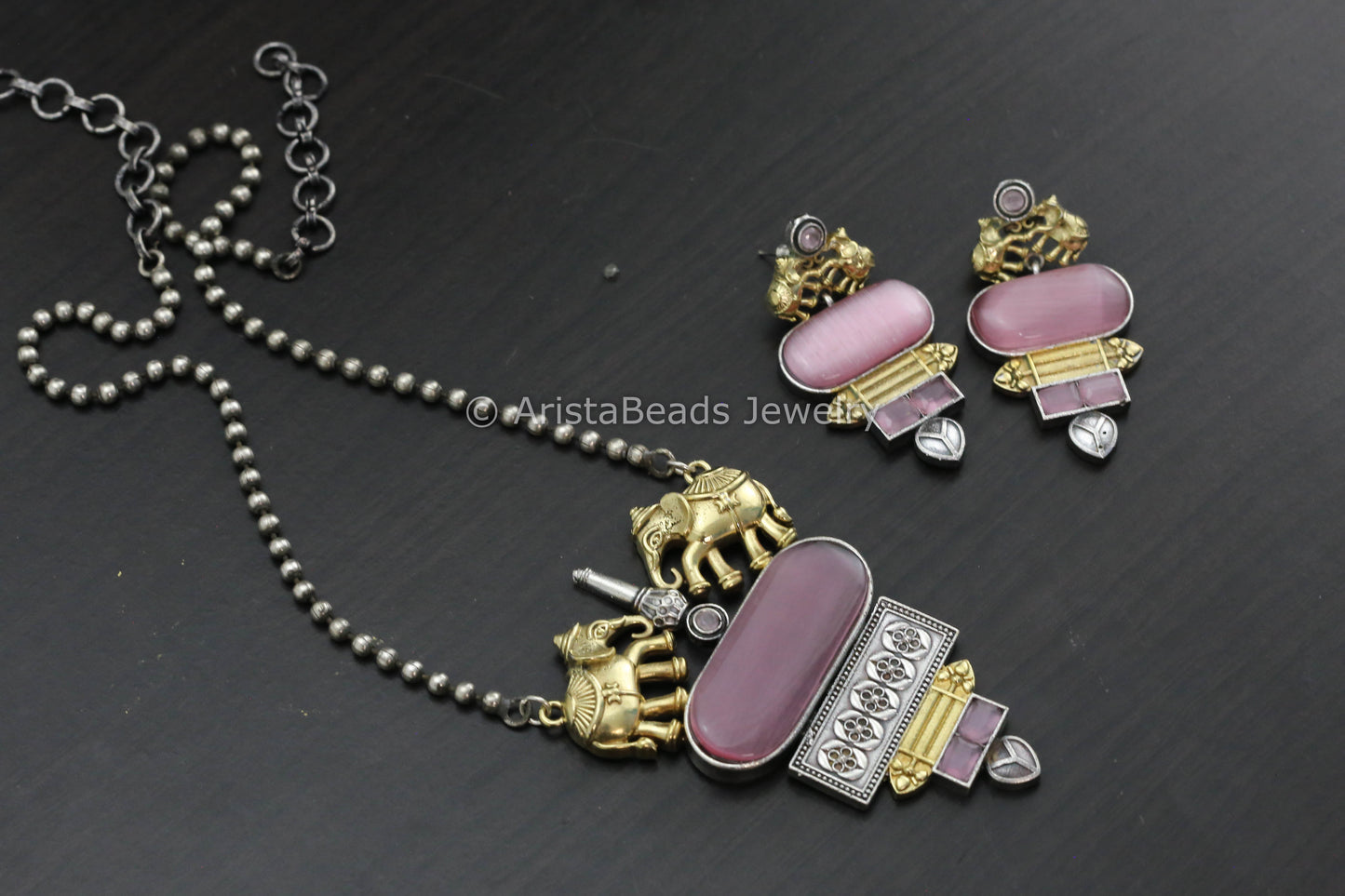Dual Tone Monalisa Stone Chain Necklace Set - Pink