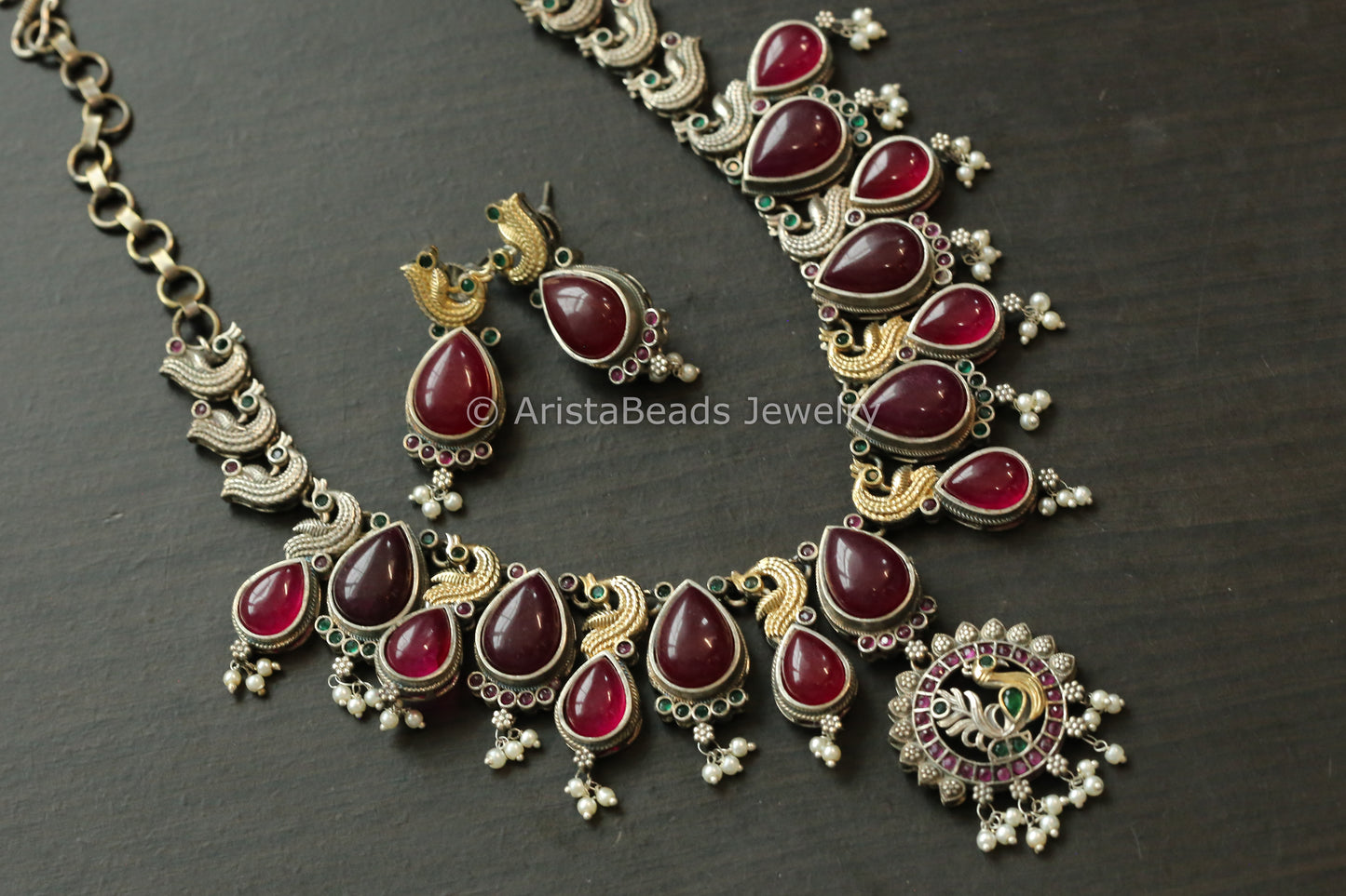 Dual Tone Red Monalisa Stone Necklace Set