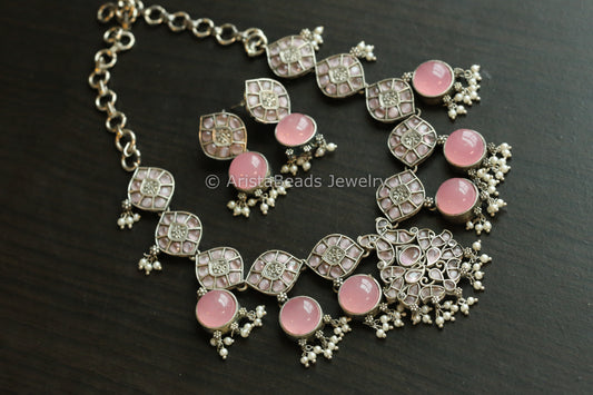 Monalisa & CZ Oxidized Necklace Set - Pink