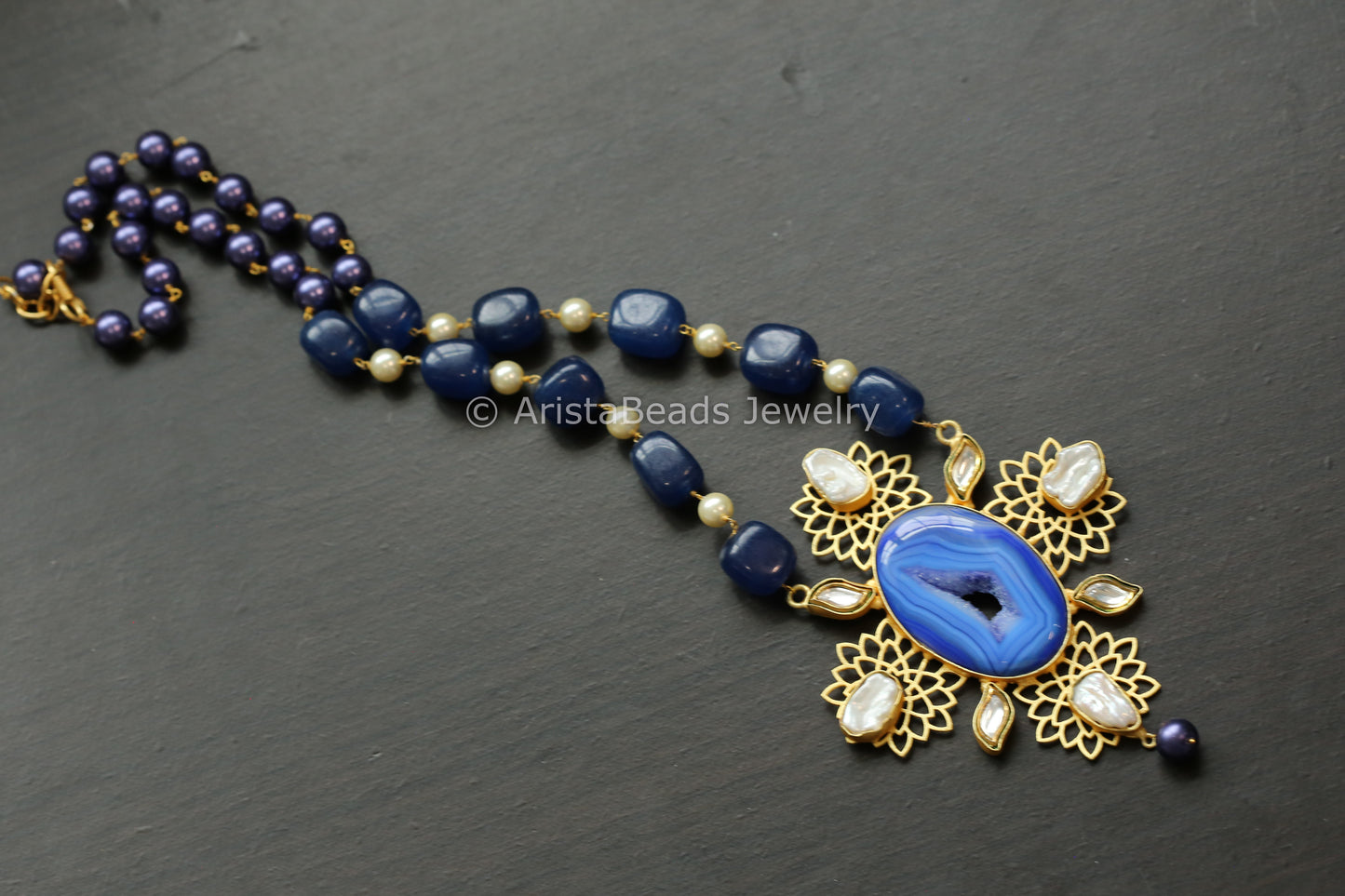 Contemporary Kundan, Baroque & Blue Agate Geode Druzy Necklace