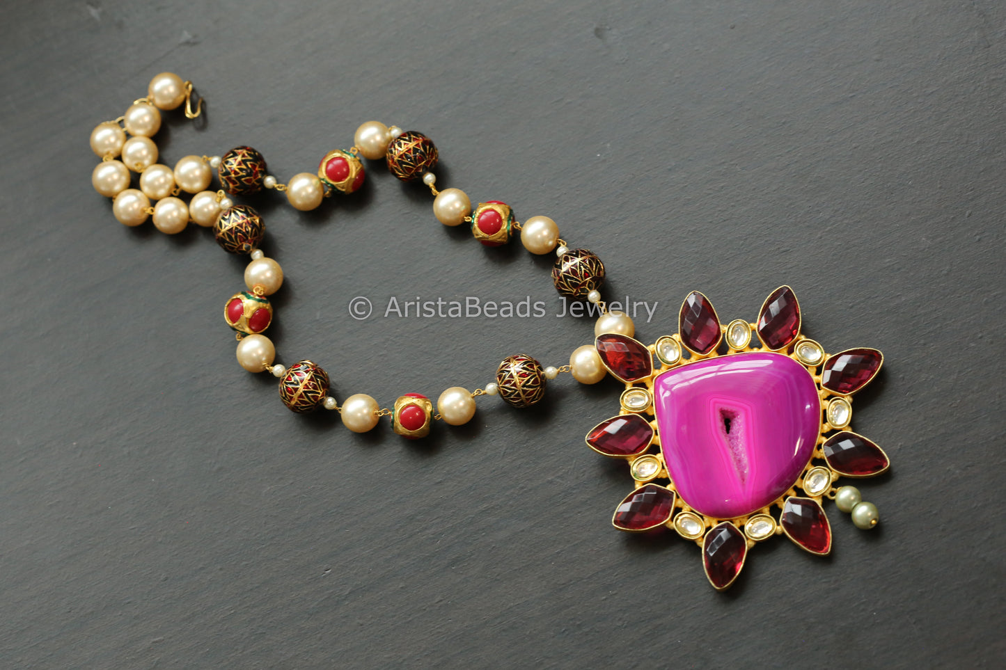 Contemporary Kundan & Pink Agate Geode Druzy Necklace