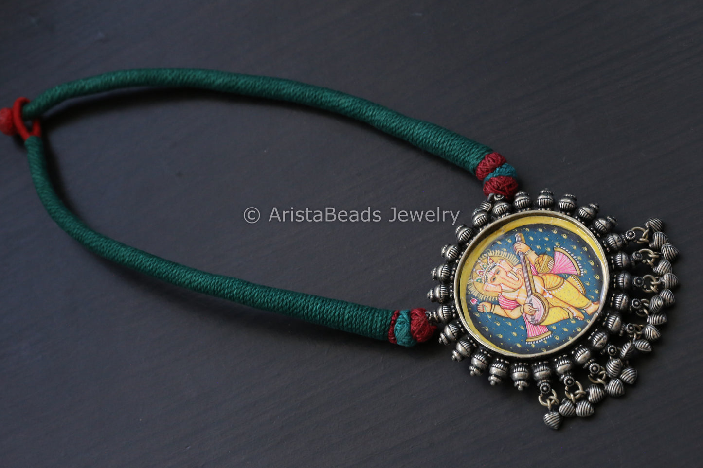 Hand Painted Silver Look Necklace - Green