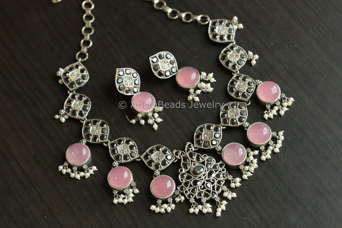 Monalisa Stones & CZ Oxidized Necklace Set - Pink Black