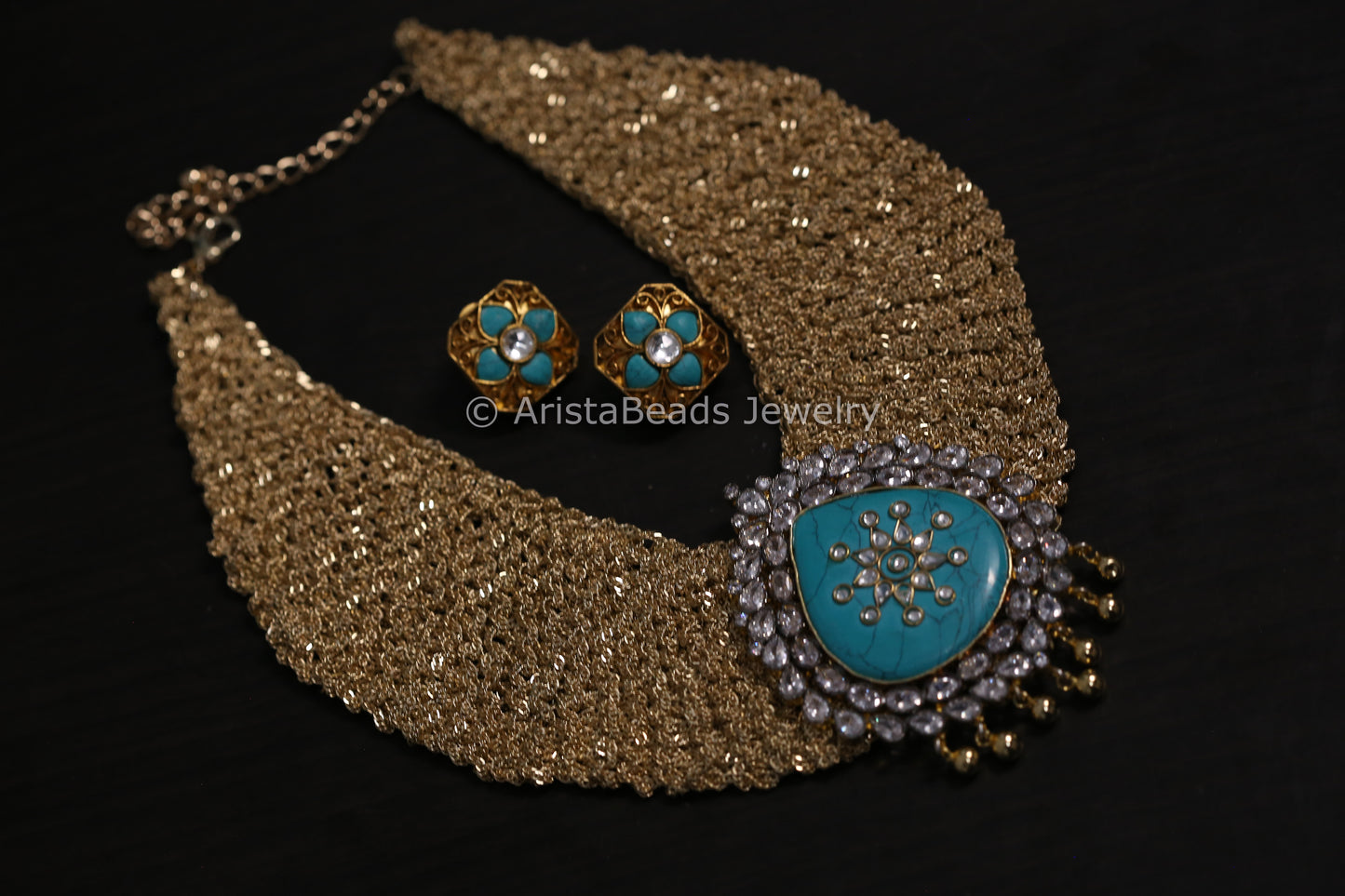 Turquoise Polki & Kundan Wire Mesh Chain Necklace Set