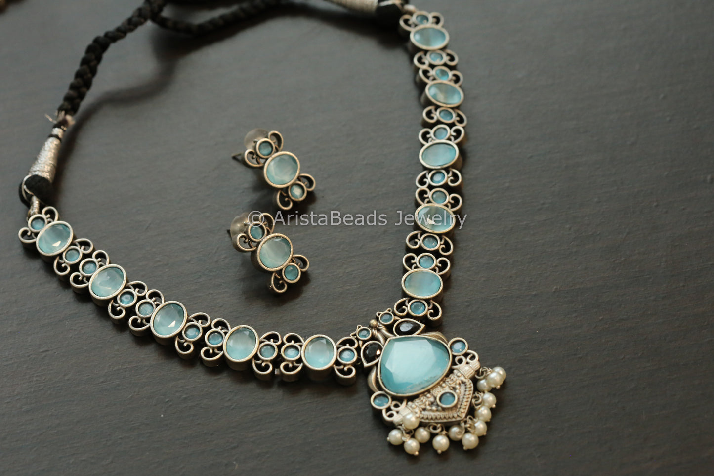 Oxidized Monalisa Necklace Set - Blue & Ice Blue