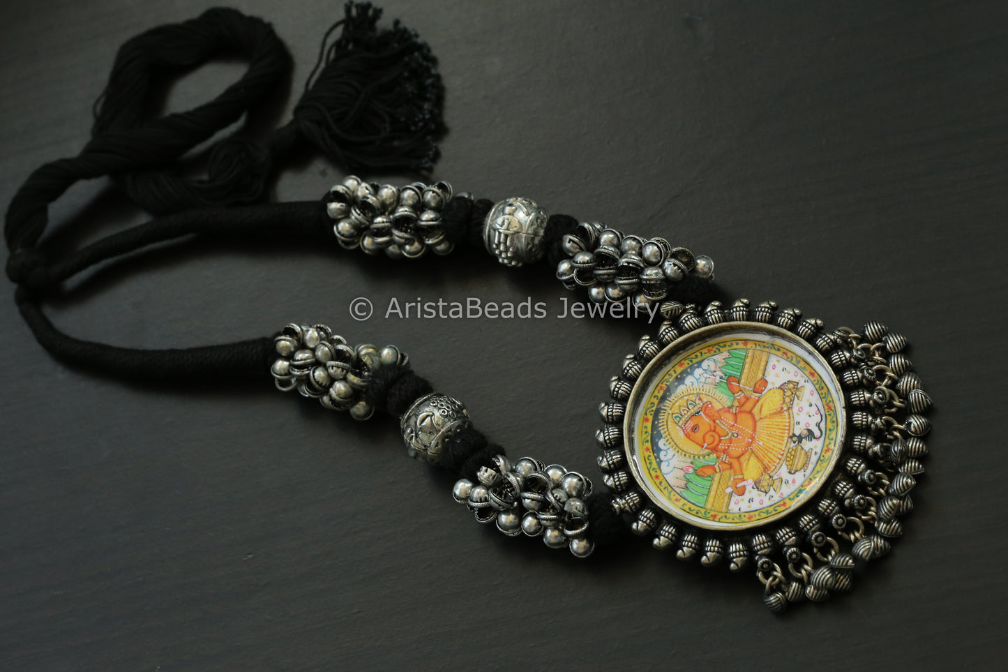 Hand Painted Silver Look Necklace - Black Thread